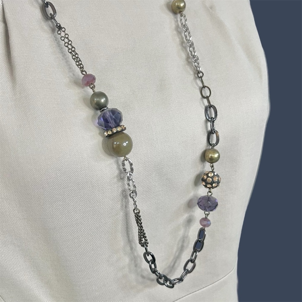 Loft Long Mixed Metal Chain Link Necklace with Beads & Gems Pink - Picture 2 of 5